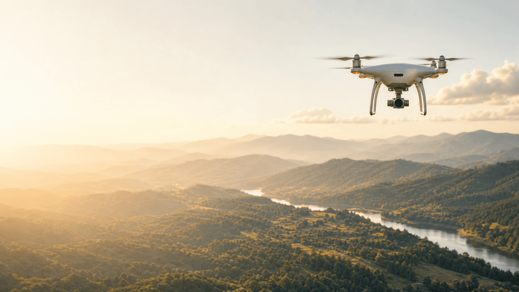 Camera drone flying above a sunlit mountain valley